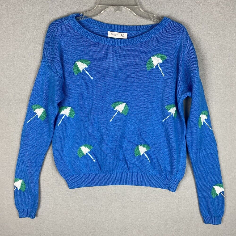 Gilly Hicks Sydney Womens Size Large Blue Cropped Umbrella Summer Print Sweater